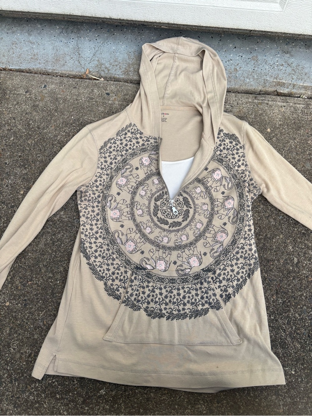 Style & Co. Beige Hooded Pullover with Mandala Elephant Motif